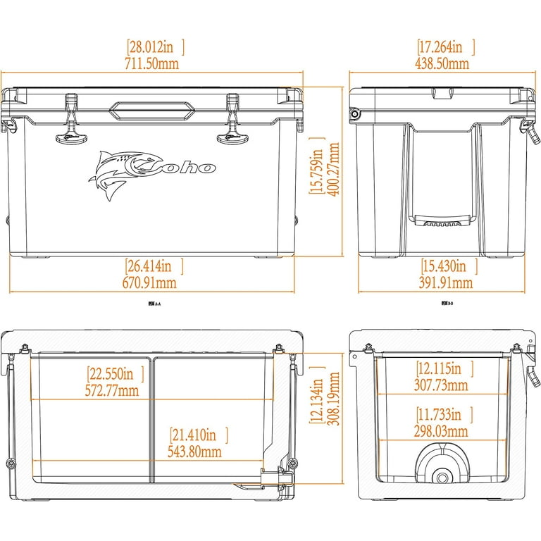 COHO Large Ice Chest 55 Quart Rotomolded Cooler, Camping and