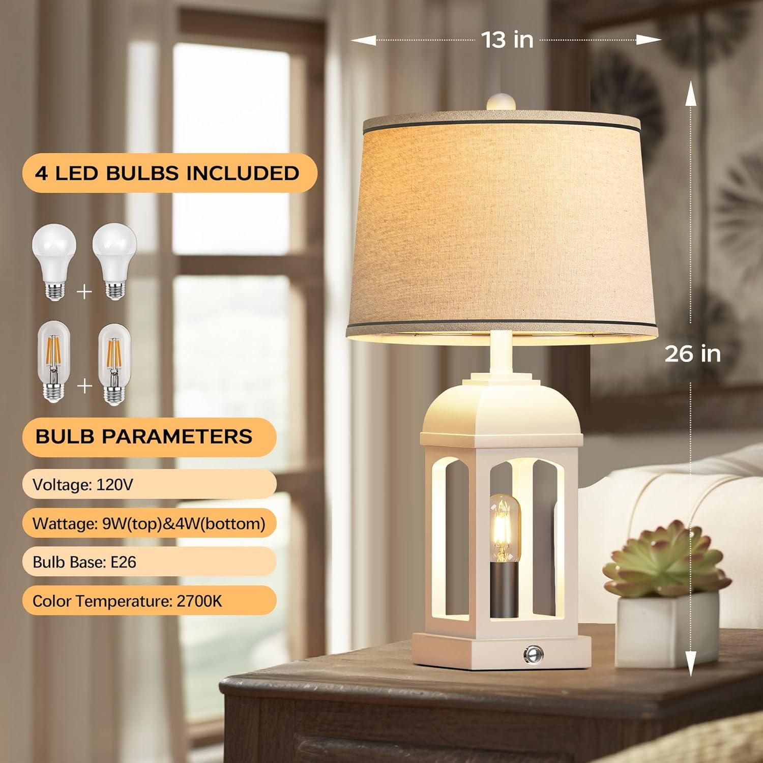 Holaki Table Lamp for Living Room, Farmhouse Lamps Set of 2 with USB A+C and Nightlight, 26" Rustic Bedside Lamps with 3-Way Dimmable, Touch Nightstand Lamp for Bedroom, White