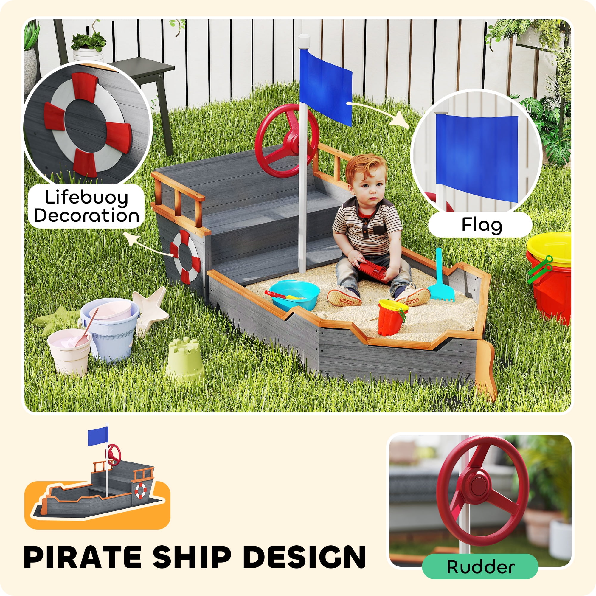 Kids Pirate Ship Sandbox with Bench Seat, Fir Wood Play Boat Sandbox with Flag Wheel Life Ring Decor, Hidden Storage Compartment, Bottomless Design for 3-6 Years Old