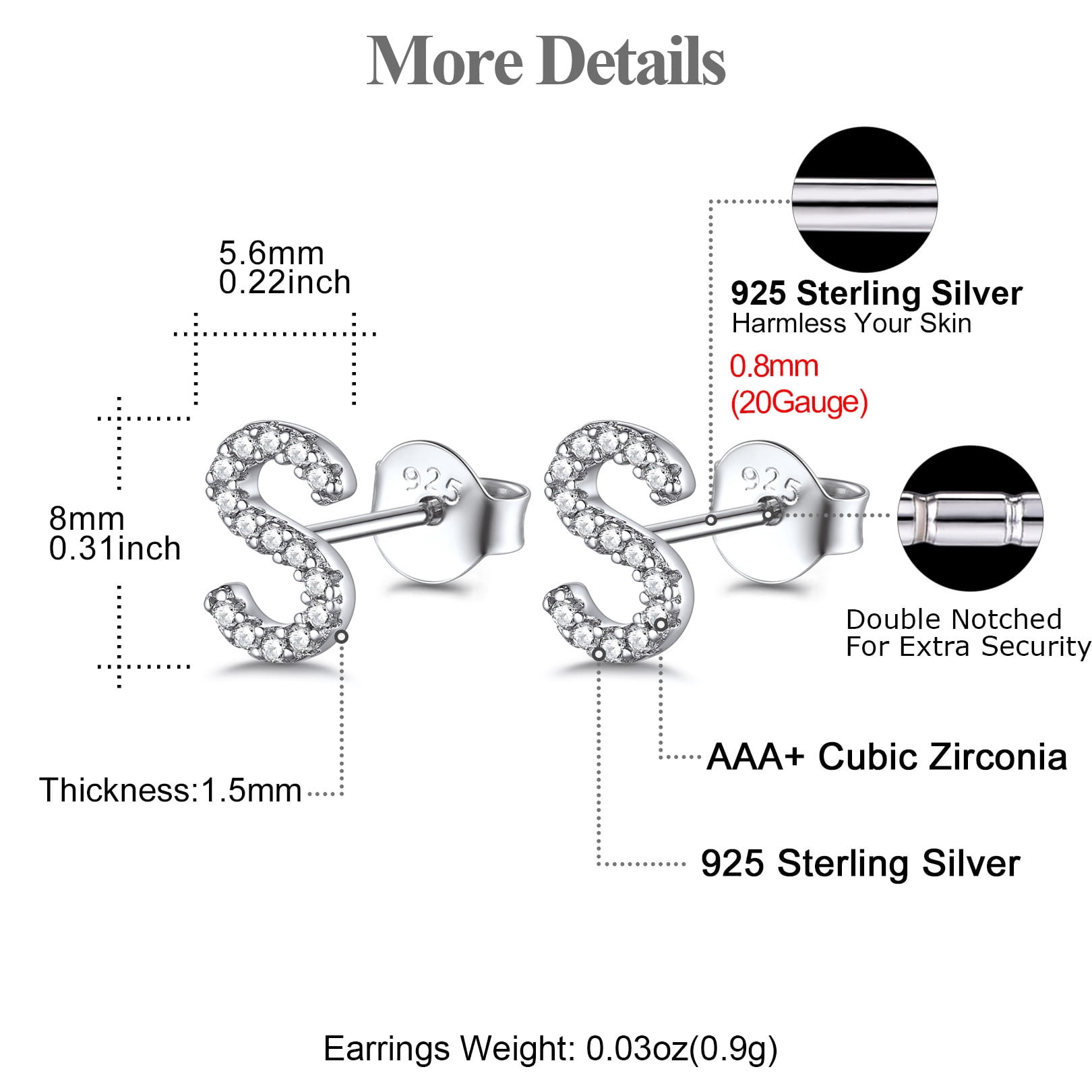 FOCALOOK Crystal Initial Stud Earrings for Women 925 Sterling Silver Hypoallergenic Dainty Tiny Letter S Sparkly Bling Cubic Zirconia Earrings Jewelry Gift