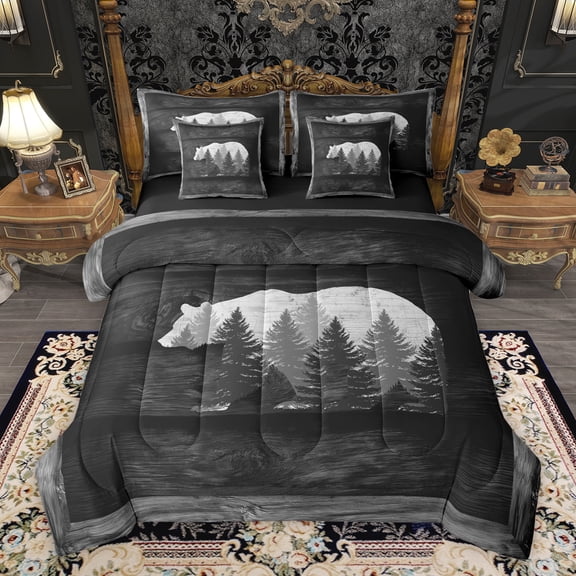 Homewish Jungle Wildlife Bear Twin Bedding Sets 7-Piece for Teens Boys Girls,Black Grey Bedding Comforter Set Microfiber,Vintage Retro Aesthetic Breathable Sheet Sets,Luxury Bedroom Decor
