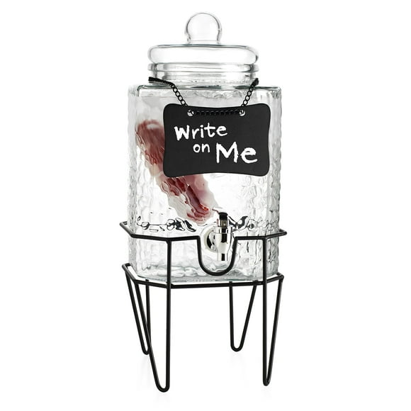 Classic Beverage Drink Square Dispenser Hammered Durable Clear Glass With Metal Stand 1.5 Gallon With Chalk Board Includes Defuser & Spigot
