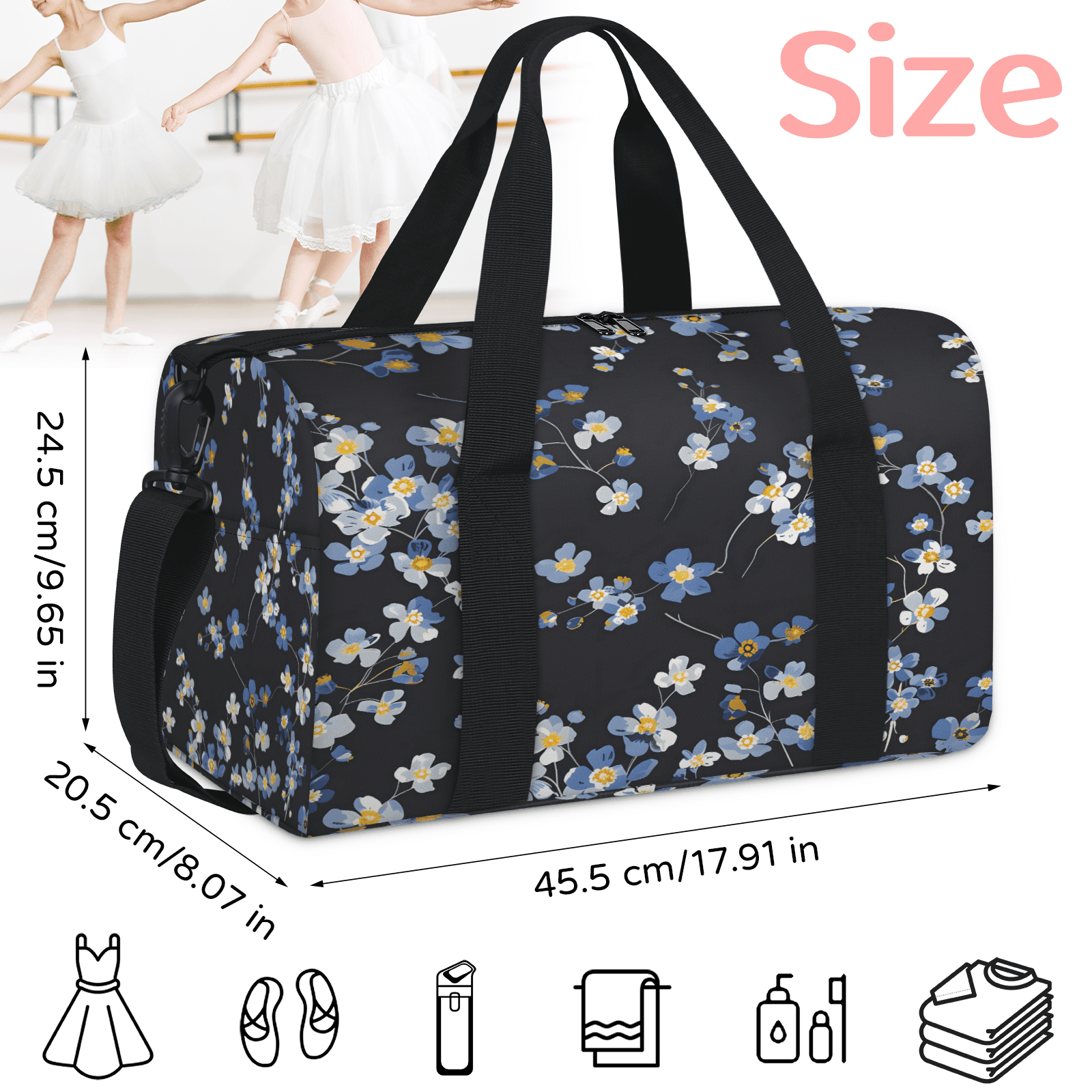 Herdesigns Blue Wildflowers Travel Duffle Bag Sports Yoga Weekender Overnight Carry on Workout Bags Lightweight Waterproof Gym Tote Bag for Women