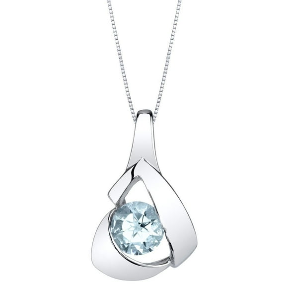 PEORA Aquamarine Pendant Necklace for Women Sterling Silver, Natural Gemstone Chiseled Solitaire, 0.75 Carat Round Shape 6mm, with 18 inch Italian Chain