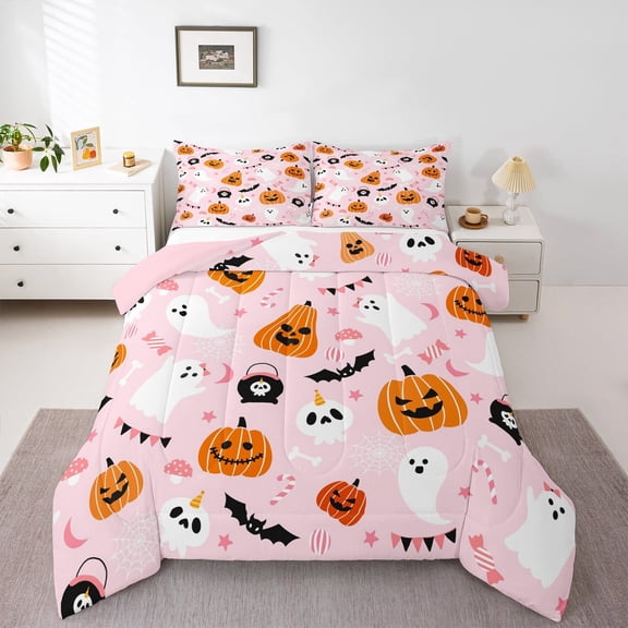 Manfei Teens Spooky Halloween Bedding Comforter Set,Pink Orange White Twin Comforter Sets,Kawaii Pumpkin Ghost Bedding Set For Boys Girls,Breathable Home Decor Reversible,2-Piece