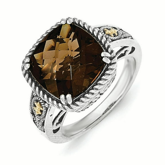 Shey Couture  Sterling Silver with 14K Accent Antiqued Cushion Checkerboard Smoky Quartz Ring
