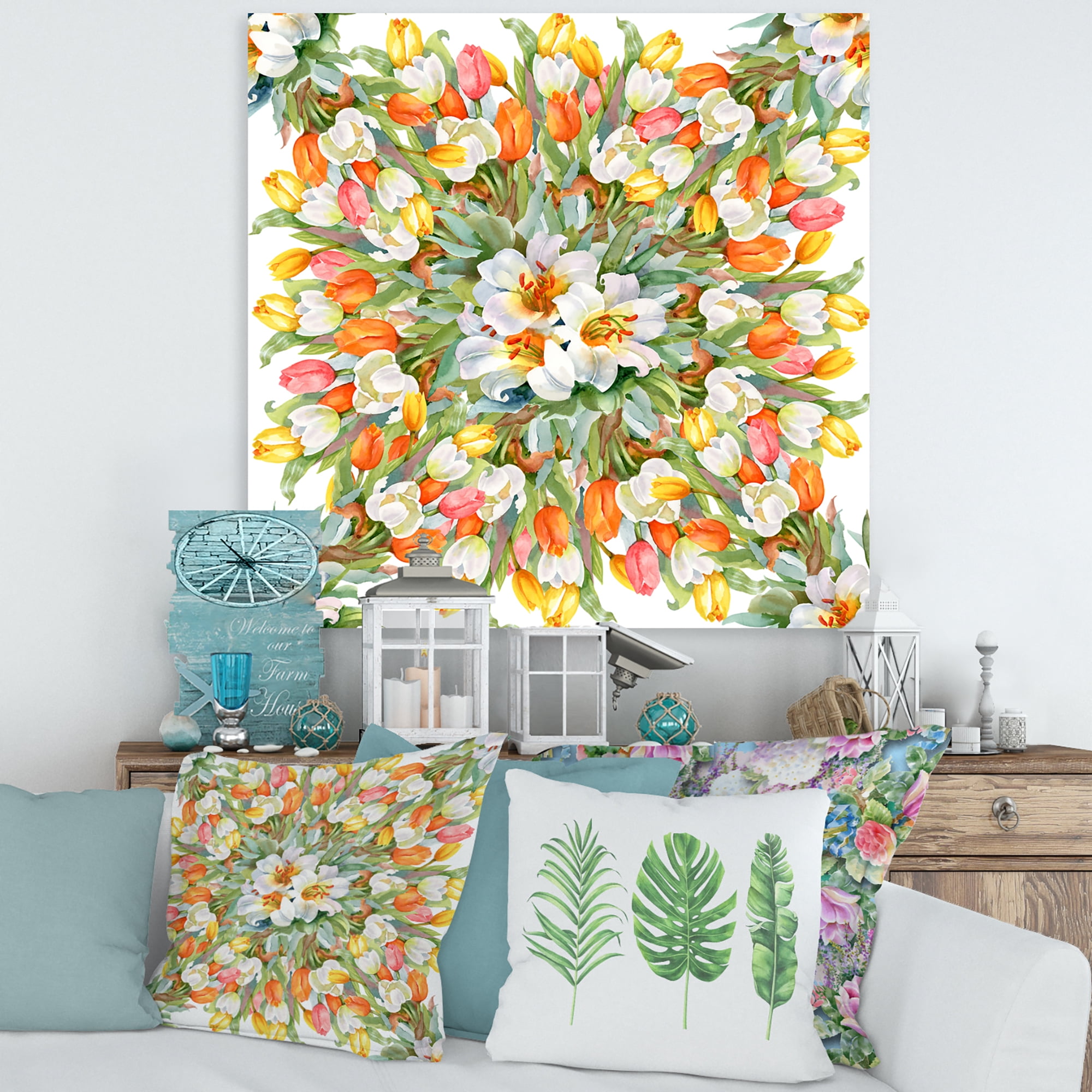 Blooming Orange and White Tulips I 16 in x 16 in Painting Canvas Art Print, by Designart