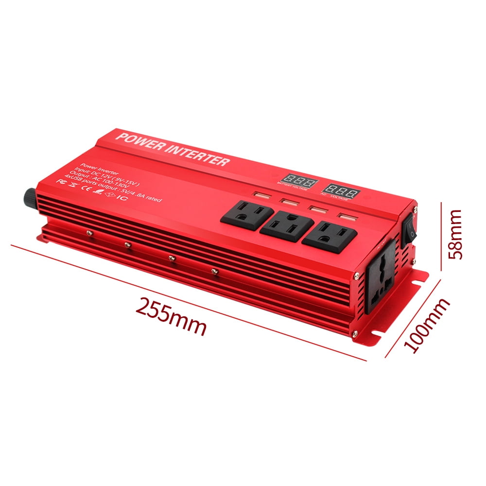 Yinleader 1000 Watts Car Power Inverter Converter DC 12V to AC 110V 4USB 4 Sockets 2LED Display Red