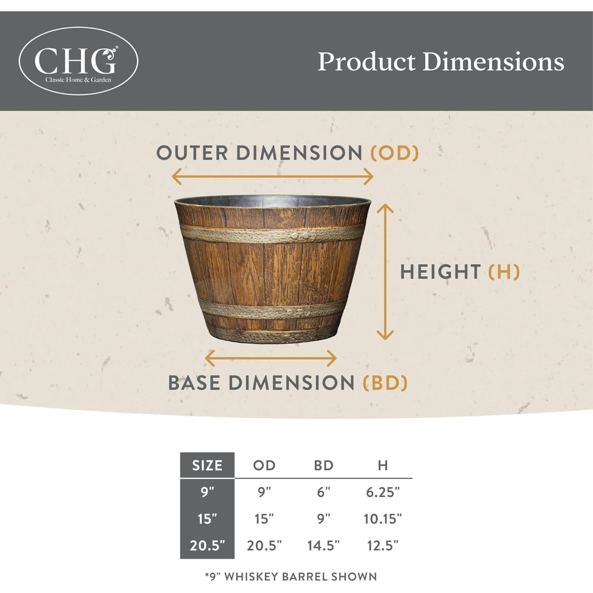 Classic Home and Garden Outdoor Round Whiskey Resin Flower Pot Barrel Planter, Kentucky Walnut Brown, 15"