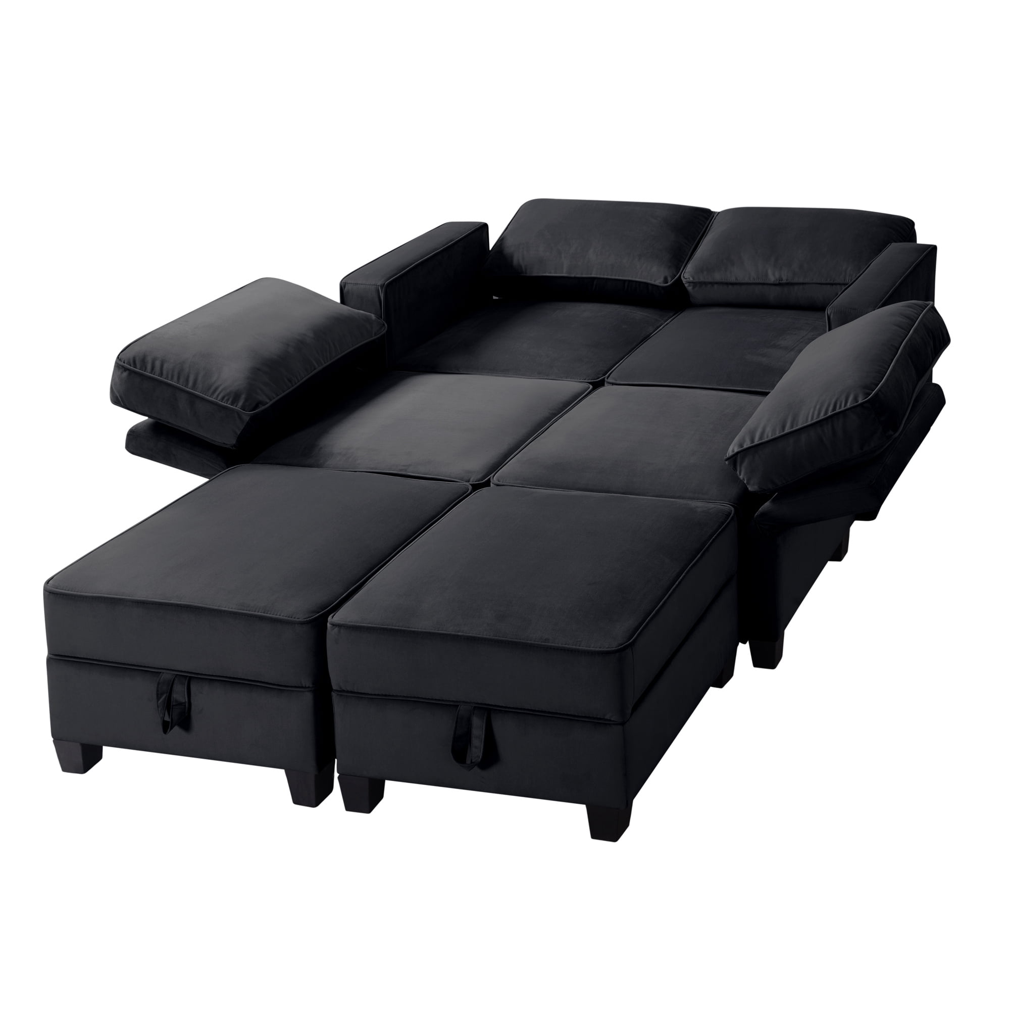 Aukfa 116" Velvet Storage Sectional Couch for Living Room, Modular Sleeper Sofa U-Shaped Sofa, Black
