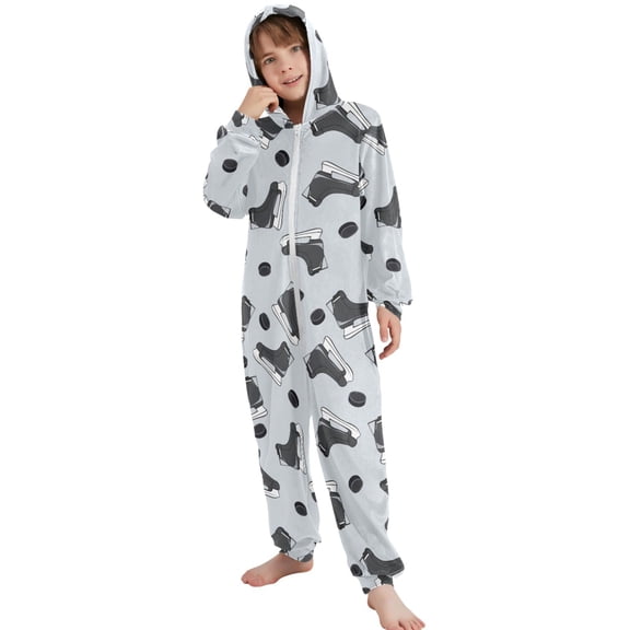 JOOGOO Ice Hockey Gray Skates Pattern Unisex Onesie Pajamas Jumpsuit Kids One-Piece Hooded Sleepwear 7-8T