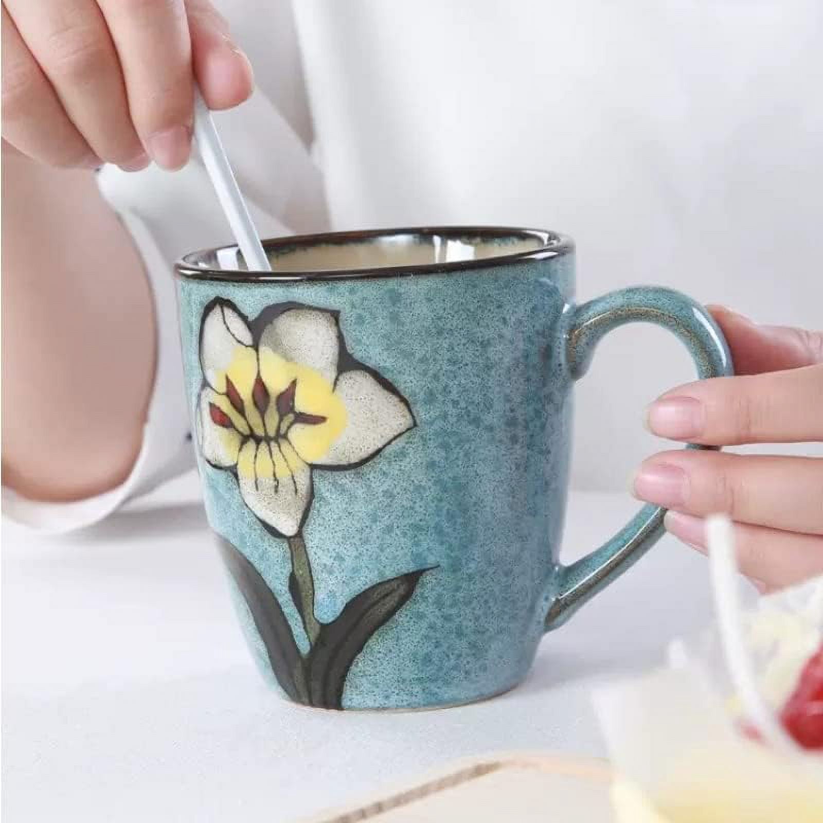 Set of 4 Floral Ceramic Coffee Mugs, 12oz - Handcrafted Kiln Glazed Mugs, Microwave & Dishwasher Safe, for Cappuccino, Tea, Latte & Espresso, Multicolor