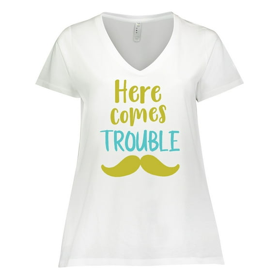 Inktastic Here Comes Trouble, Mustache - Blue Green Women's Plus Size V-Neck T-Shirt