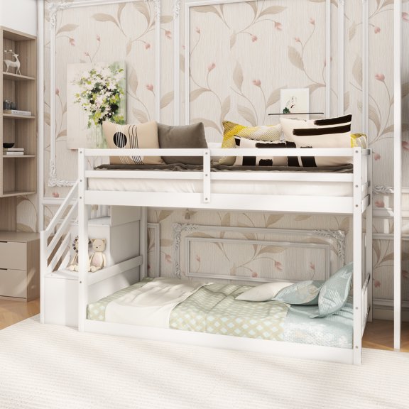 Twin over Twin Floor Bunk Bed, Ladder with Storage, White