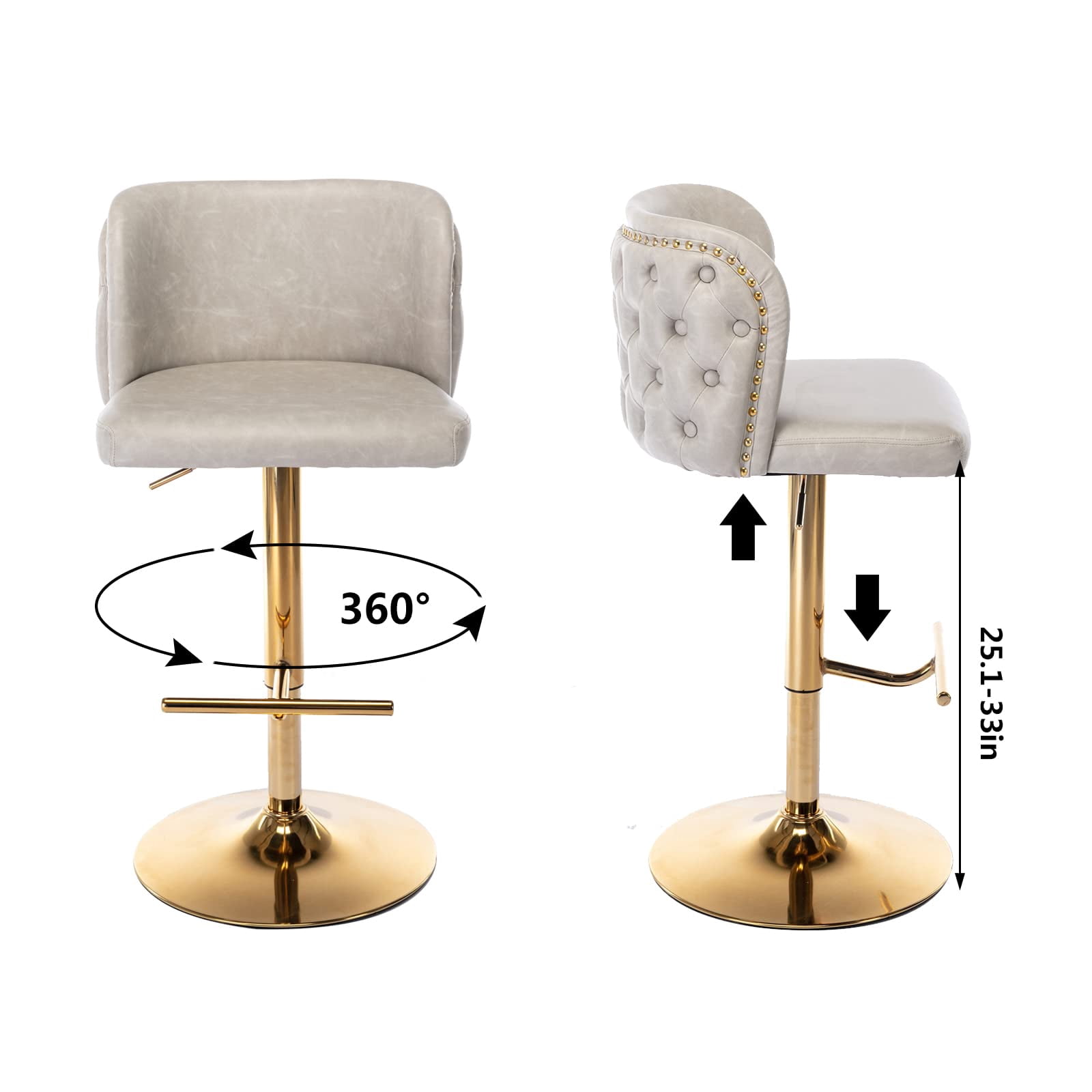 DONICK Swivel Counter Height Barstools,Upholstered Bar Stools Adjustable Height Nailhead Button Tufted Kitchen Island (PU,Beige,Set of 2)