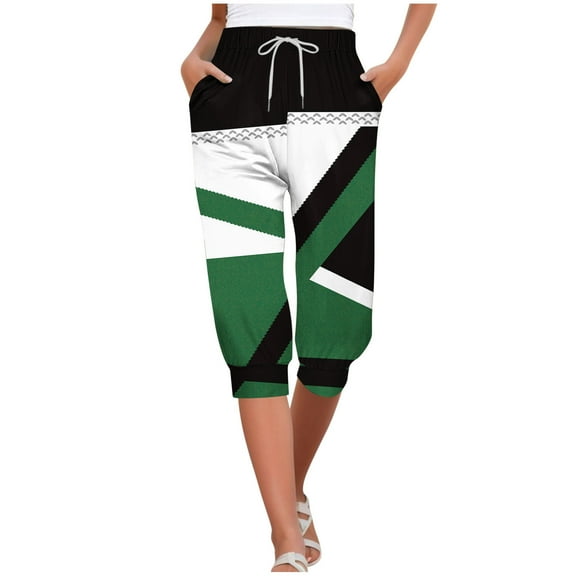 QQAMB Women's Capris Pants Summer Elastic Waist Drawstring Geometrical Print Loose Casual Capris Pants Green XL