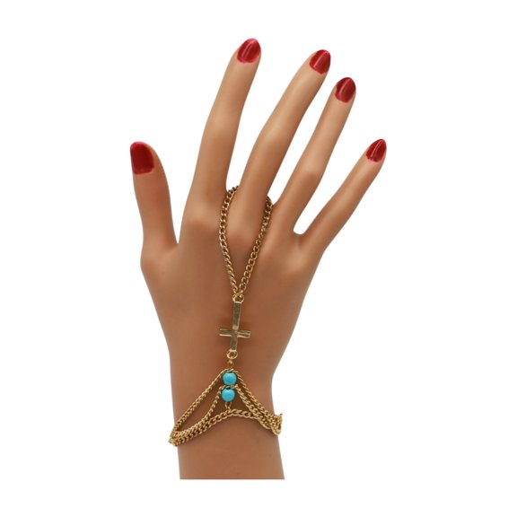 Women Gold Metal Hand Chain Bracelet Cross Charm Turquoise Blue Fashion Jewelry