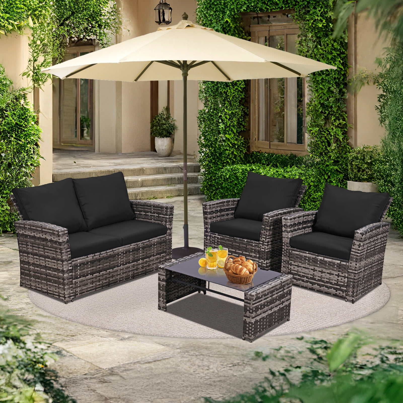 FHFO 4 Piece Patio Furniture Set,Outdoor Wicker Conversation Sets,Rattan Sectional Sofa w/Coffee Table,Seat Cushions for Backyard Porch Garden Poolside - Gray Wicker/Black Cushions