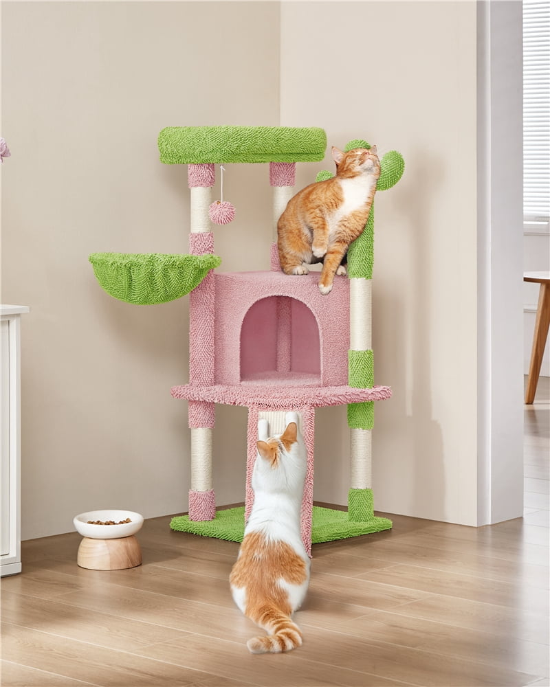 Yaheetech 42" Height Cactus Cat Tree with Scratching Posts, Basket & Ladder, Pink/Green