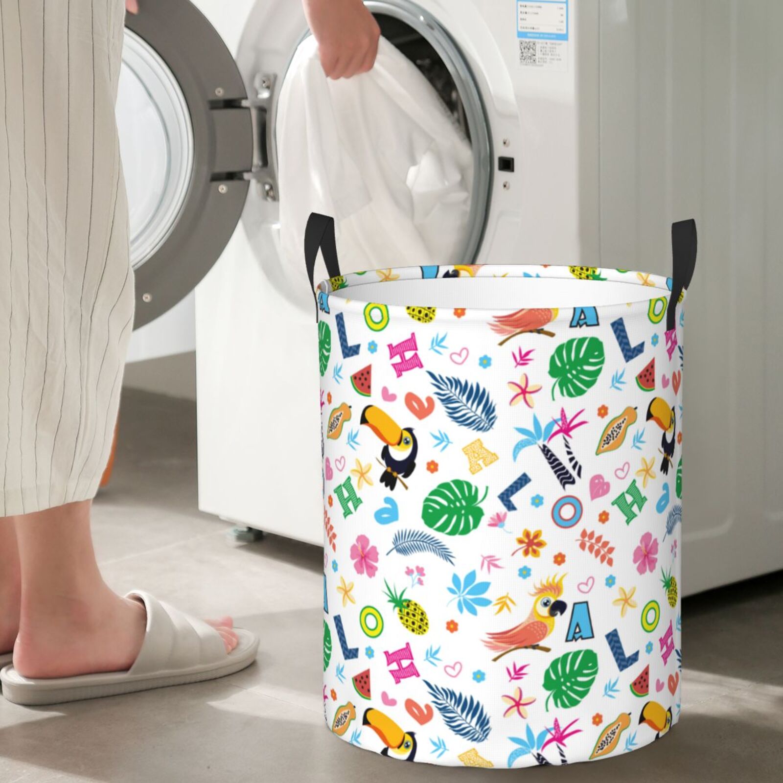 Large Laundry Basket with Handles - Funny Cute Parrot Flower Letters Kids Baby Dirty Clothes Laundry Hamper for Bedroom Aesthetic