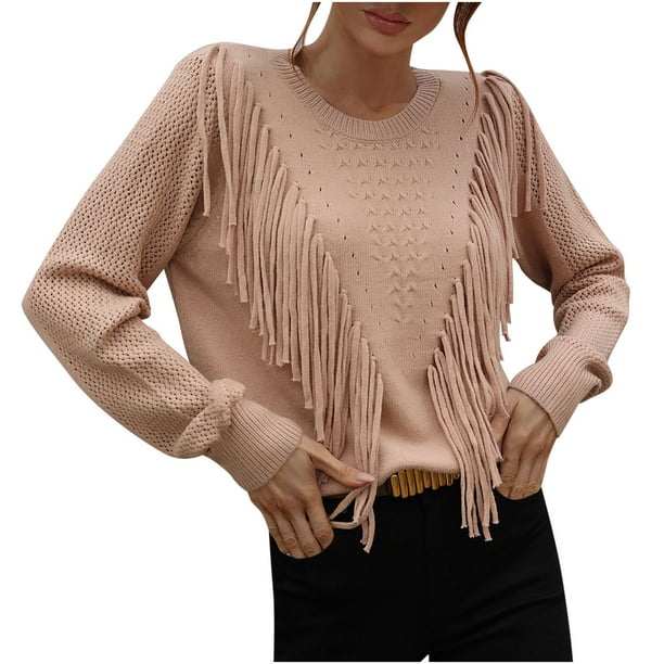 Suéteres Para Mujer Otoño Invierno Suéter de Punto de Moda Manga Larga Borla Cuello Redondo Suelta Color Sólido Tops Blusa Odeerbi ODB176692