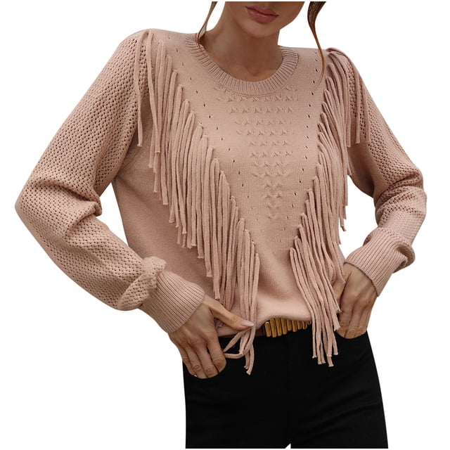 Suéteres Para Mujer Otoño Invierno Suéter de Punto de Moda Manga Larga Borla Cuello Redondo Suelta Color Sólido Tops Blusa Odeerbi ODB176692