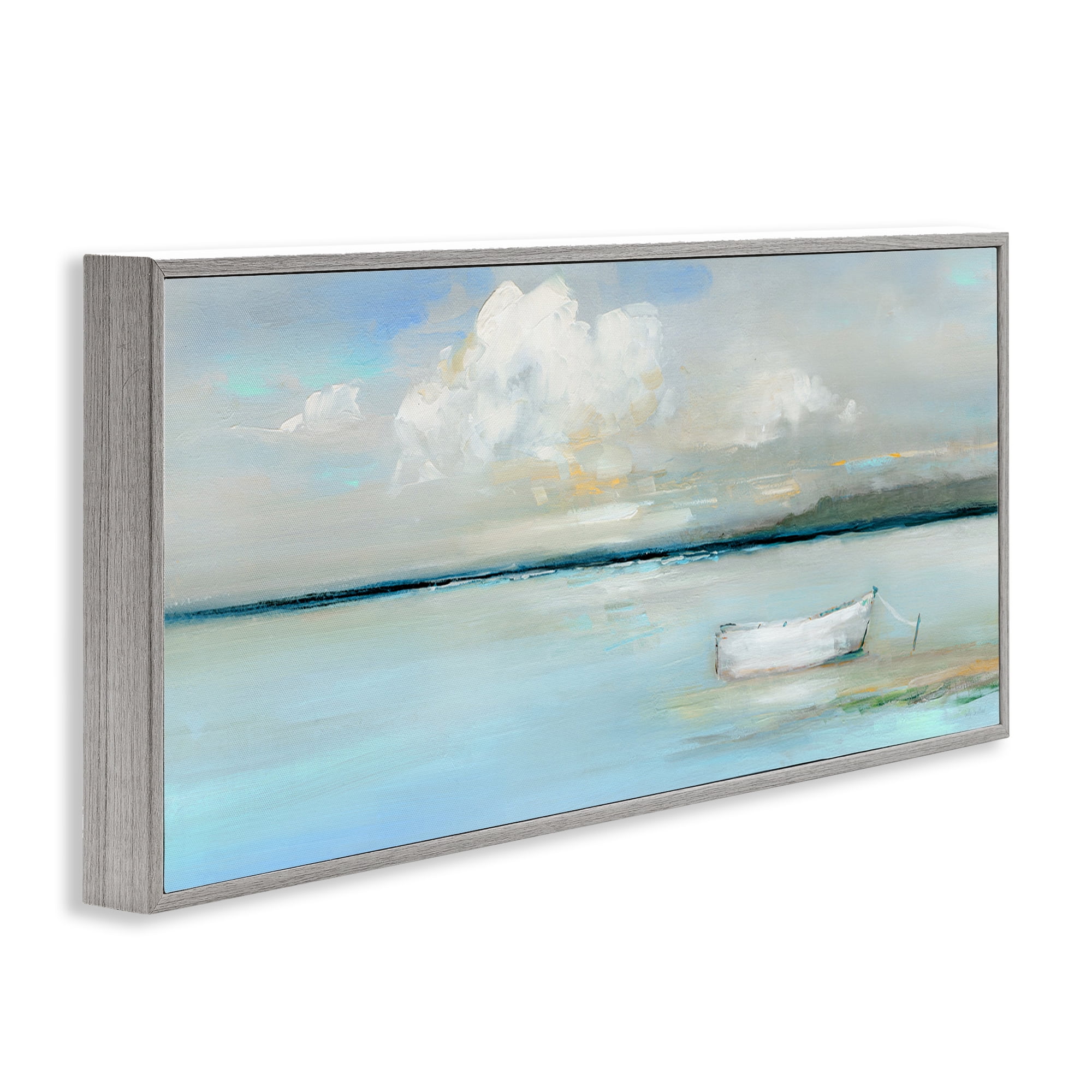 Stupell Industries Quiet Boat Docked Landscape Painting Gray Framed Art Print Wall Art, 30 x 13