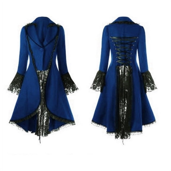 Rggeeun Women Costume Renaissance Corset Lace Up Long Sleeve Lapel Collar Vintage Women Clothes Holiday Trendy,Blue,M