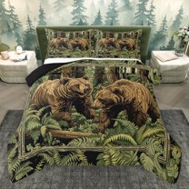 Homewish Safari Bear Queen Comforter Set,Tropical Plam Leaf Bedding Sets,Green Brown Bedding Comforter Set For Boys Teens,Super Cozy Room Decor Reversible,3 Pieces