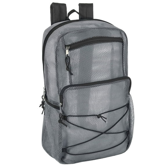 Deluxe See Through Mesh Multipocket Bungee Cord Backpack for School, Work, Sports, Gym, Travel, Recreation & Commuting in Gray