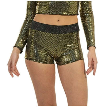 

Charella Women s Sequins Solid Color Fit Shorts Mid Waist Stretch Sports Party Shorts Gold XL