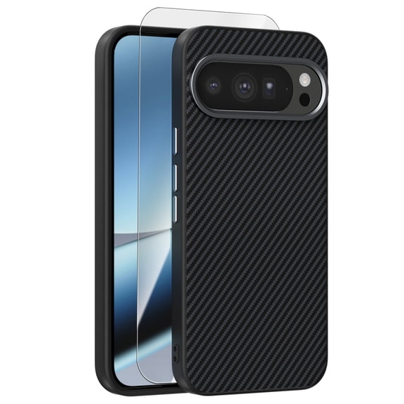 Dteck Magnetic Case with Tempered Glass Screen Protector for Google Pixel 10 Pro XL,Shockproof Carbon Fiber Texture PC TPU Case Compatible with Mag Safe Back Cover for Google Pixel 10 Pro XL ,Black