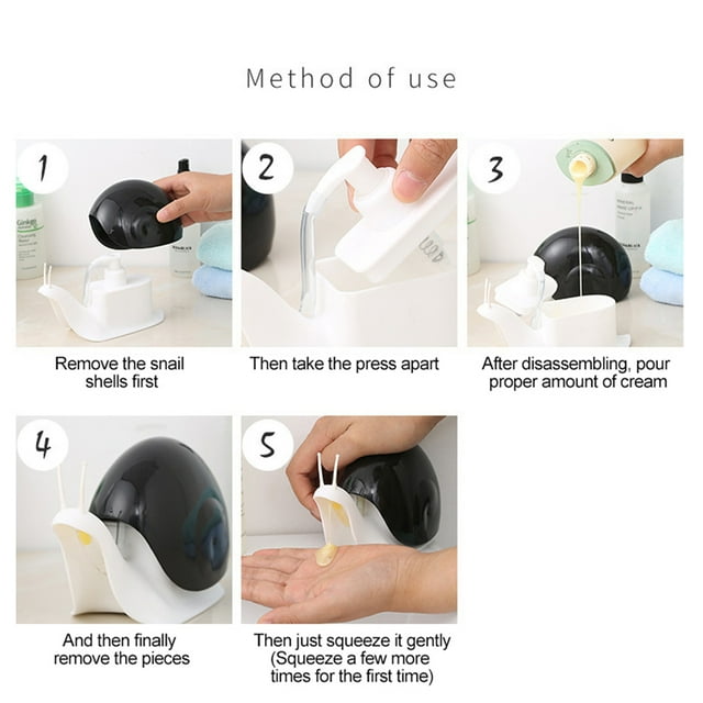 dispensador de jabón líquido con forma de caracol, 120 ml, para cocina, baño, regalo — dispensador de plástico PP+PS con cuerpo en espiral blanco y tapa negra brillante; vista frontal que muestra la boquilla en la «boca» del caracol y el tubo interior desmontable; dimensiones 17.5 x 7.2 x 11 cm, capacidad 120 ml; fácil de rellenar y limpiar, compatible con jabón de manos, gel o champú; también adecuado como accesorio de lavabo o regalo práctico.