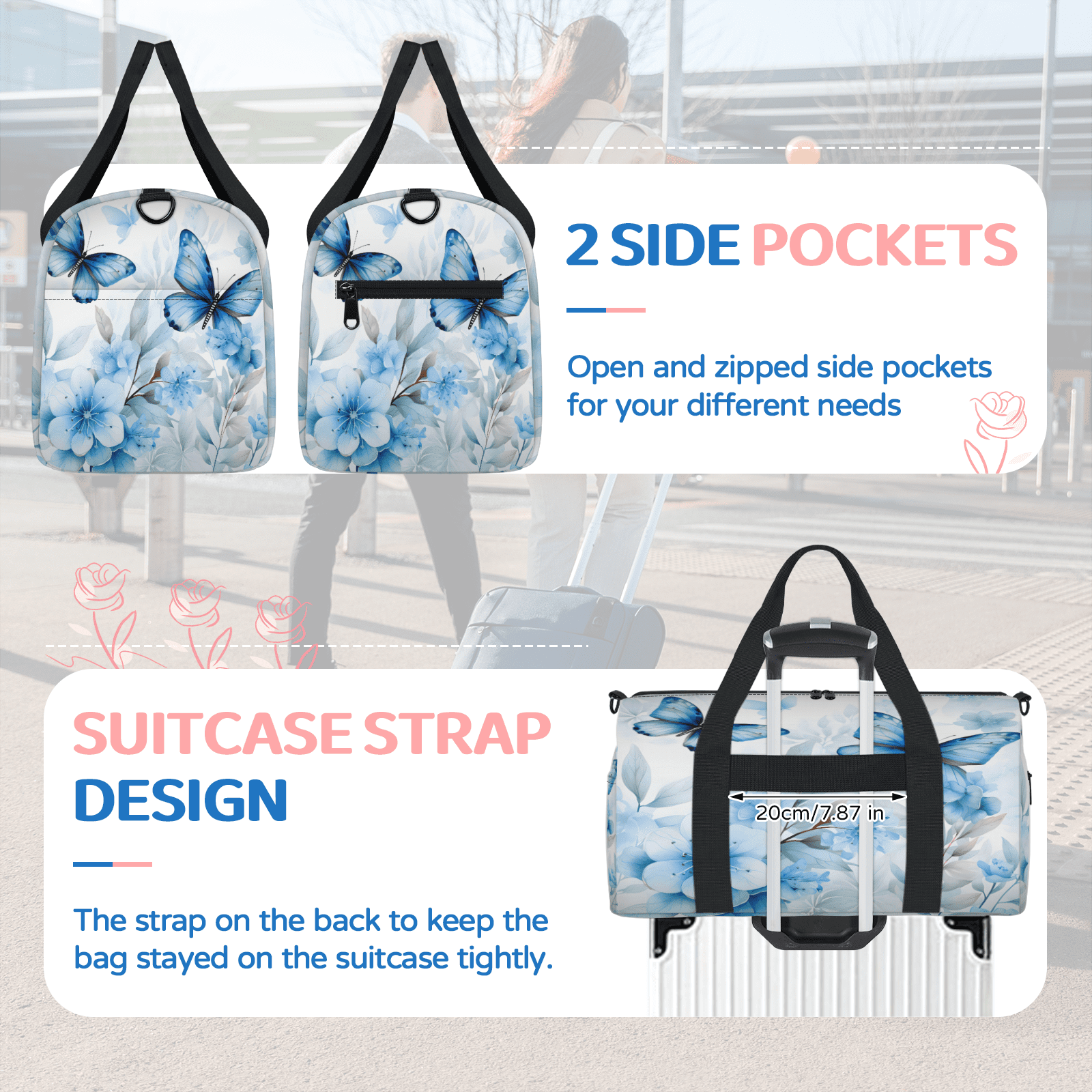 Herdesigns Blue Butterfly Flower Travel Duffle Bag Sports Yoga Weekender Overnight Carry on Workout Bags Lightweight Waterproof Gym Tote Bag for Women