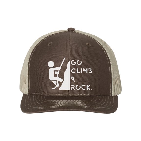Rock Climber Hat, Go Climb A Rock, Rock Climbing Gear, Bouldering, Adjustable Snapback, Climbing, Rock Climing Apparel, White Text, Brown/Khaki