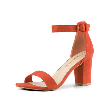 284H Woman Open Toe Chunky High Heel Ankle Strap Sandals Orange/US 7.5
