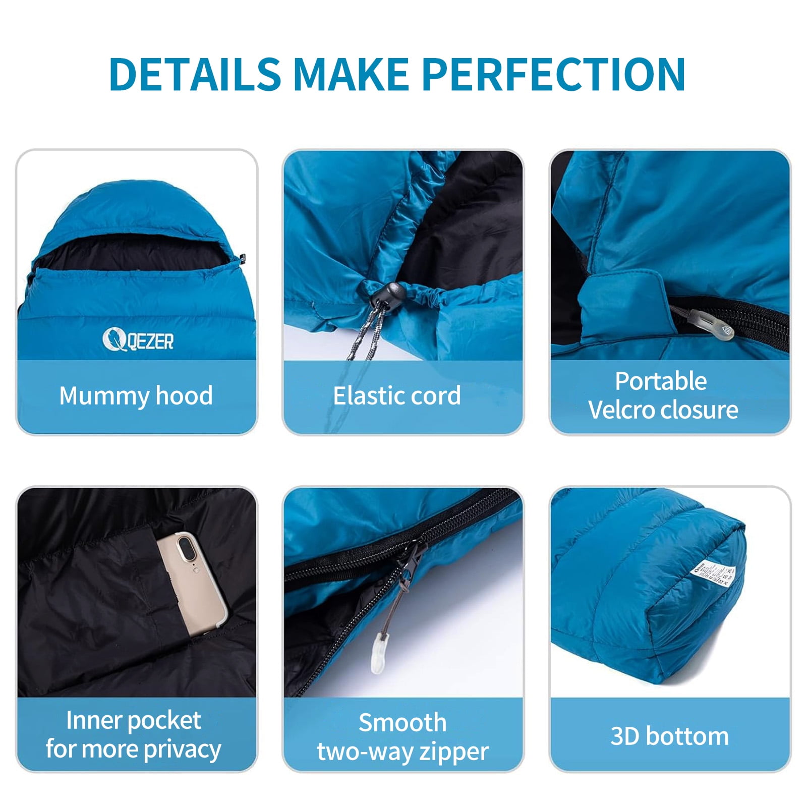 QEZER 650FP Ultralight Down Sleeping Bag, 860g, 36°F - 46°F, 3-Season for Backpacking & camping
