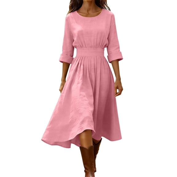 cocolona Womens Summer Linen Dress Long Sleeve Crew Neck Ruffle Flowy Long Dress Fashion Casual Solid Color Sun Dress