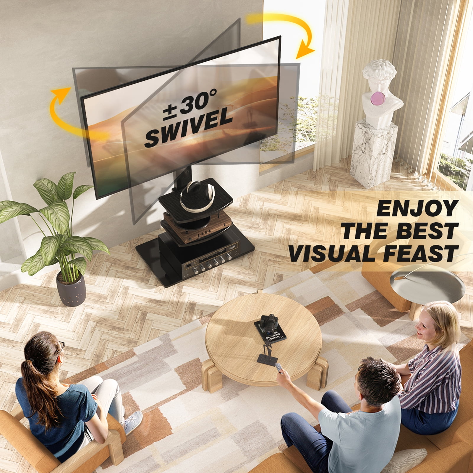 RTVR Modern Floor TV Stand with Mount for 32-70 inch Flat Screens, Black Swivel TV Stand with 2 Adjustable Shelves