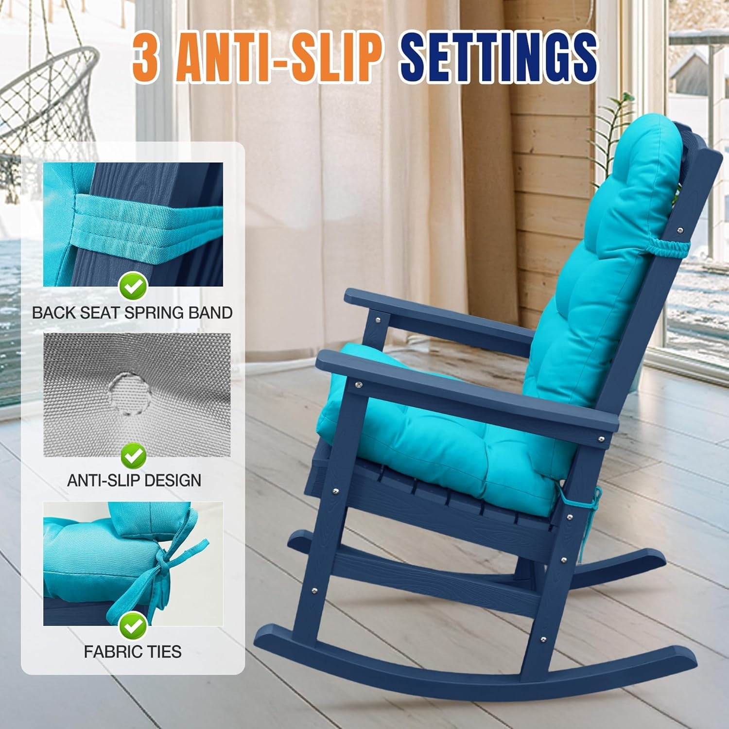 Outdoor Highback Seat Cushion 43.3"*19.7" Waterproof UV Resistant Inlife Rocking Chair Seat Pad for Dining Chairs, Office, Restaurant