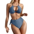 thumbnail image 4 of Women Solid Color High Waist Swimsuit With Underwire And Pads Hollow Sexy Bikini Set Holiday Swim Wear, 4 of 7