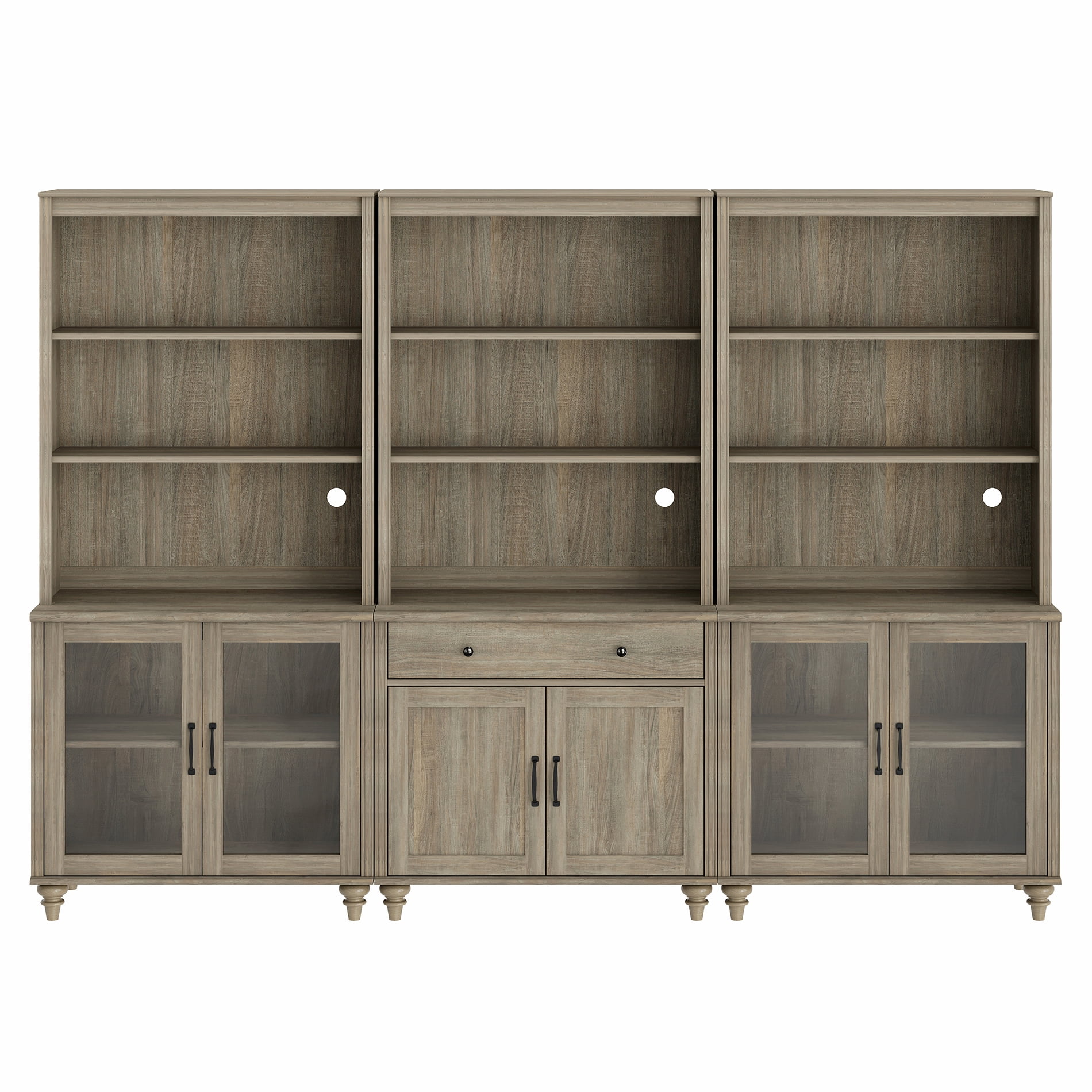 Farmhouse 5 Tier Bookcase With Doors & Drawer, Wash Gray, 101.6" W