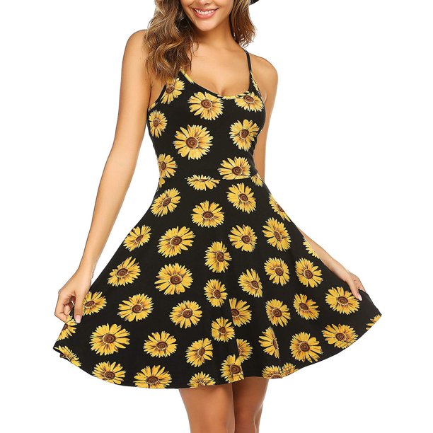 CAICJ98 Summer Dresses Floral Summer Dress for Women Short Sleeve Wedding Guest Dresses Boho Sun Short Square Neck Mini Dress Black,L