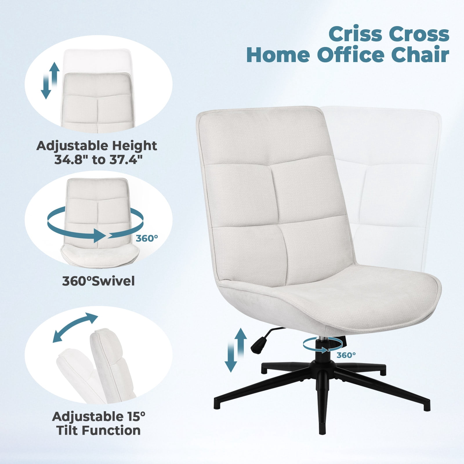 Homy Casa Office Desk Chair,  Adjustable Height 15° Tilt High Back Swivel Makeup Vanity Chair, Beige