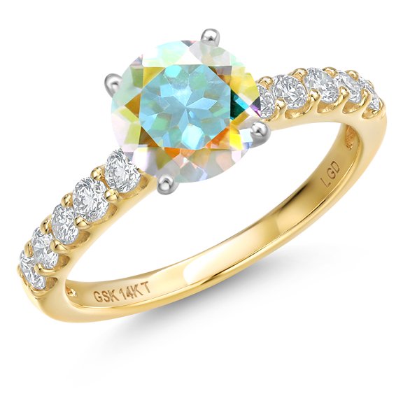 Gem Stone King 14K Two Tone Gold Mercury Mist Mystic Topaz and Lab Grown Diamond Engagement Ring for Women | 1.38 Cttw | Round 6MM | Gemstone November Birthstone | Size 6