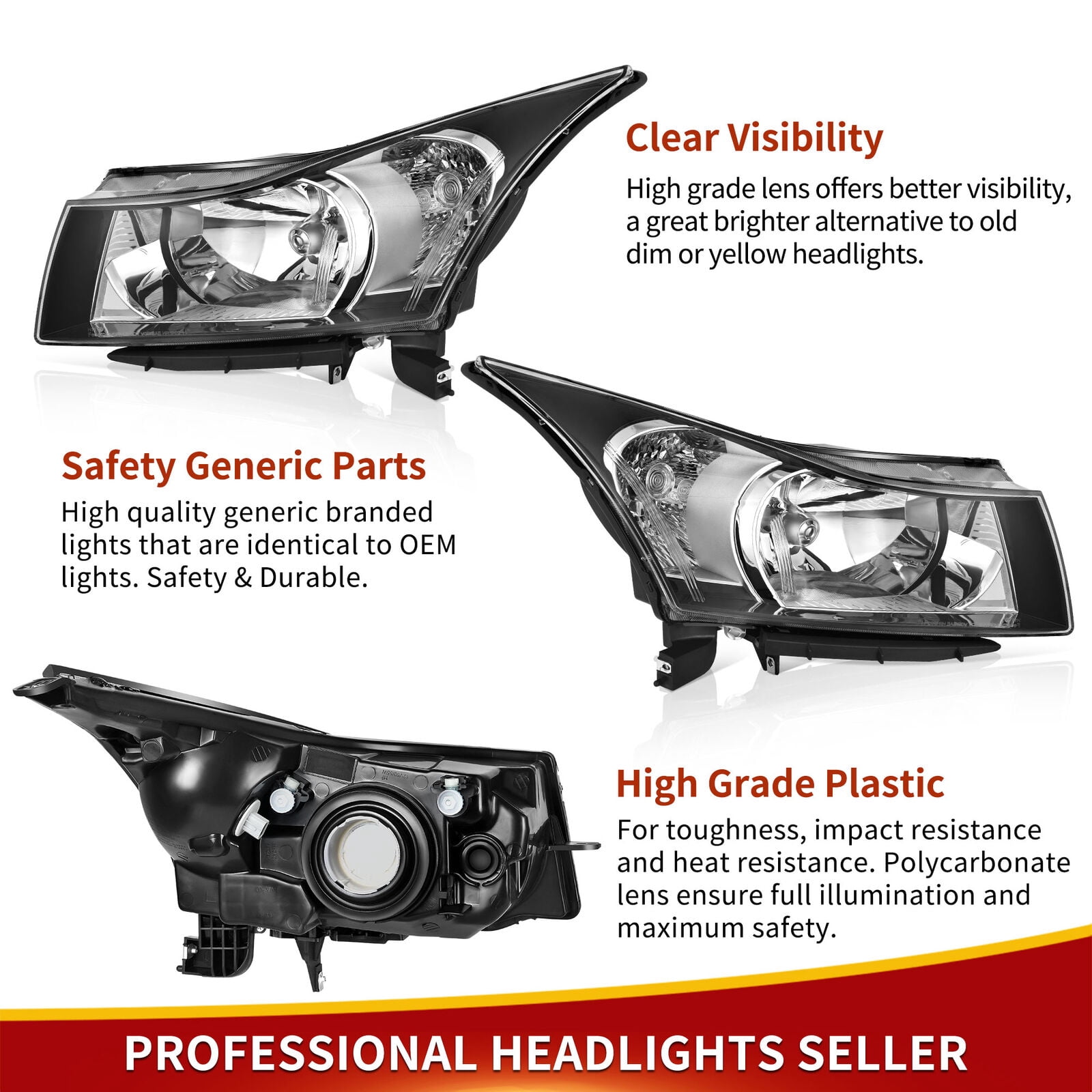 RVNI Black Housing Headlights Replacement For 2011-2015 Chevy Cruze Left+Right Lamp