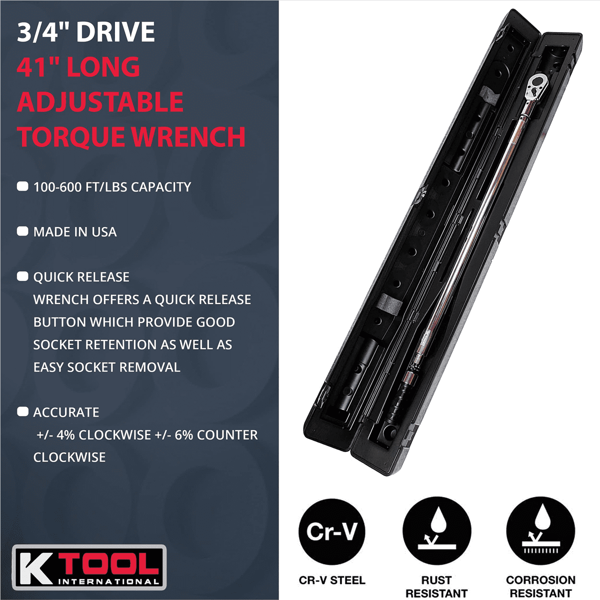 K-Tool 72176A 3/4" Drive 41" Long Adj Torque Wrench, 100-600 ft/lb