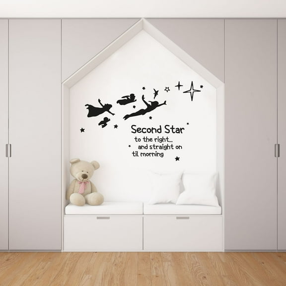 Peter Pan And Friends Tinkerbell Silhouette Second Star To The Right And Straight On Til Morning Quote Vinyl Wall Art Sticker Decal Home Decoration Design Kids Girls Room Wall Décor Size (40x40 inch)
