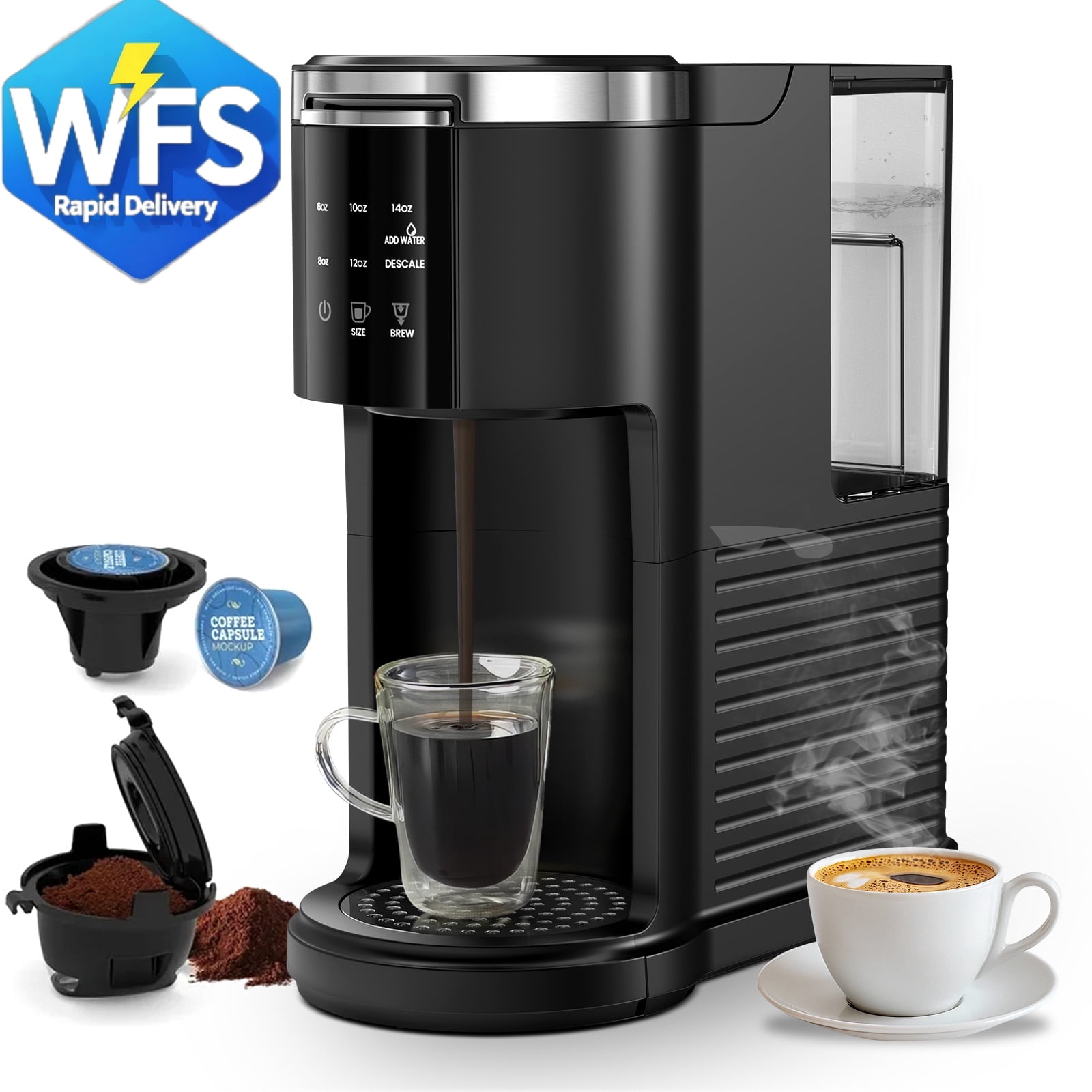 Auseo 2.0 1200W Single Serve Coffee Maker for Capsules and Ground Coffee Compatibility, Fast Heating, 40oz Removable Water Reservoir, Black for Home/Office/RV