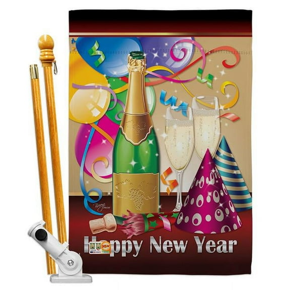 Breeze Decor BD-NE-HS-116008-IP-BO-D-US10-BD 28 x 40 in. Happy New Year Winter Impressions Decorative Vertical Double Sided House Flag Set & Pole Bracket Hardware
